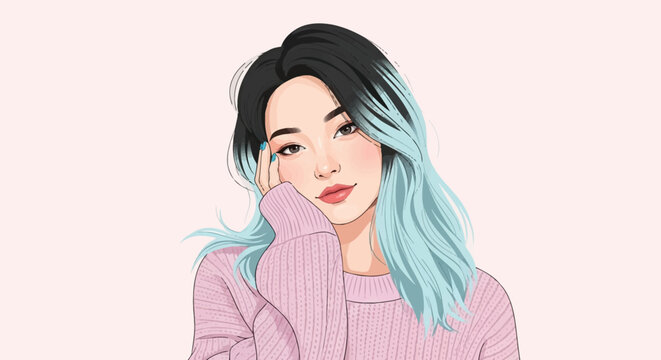 Vector illustration of a young Japanese woman with black and blue ombre hair wearing a pink knitted sweater, leaning her face on her hand, against a plain light pink background.