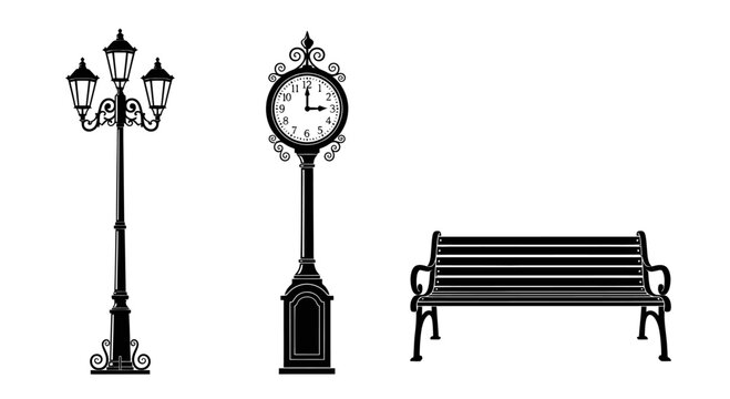 Set of classic park furniture including a ornate lamp post a clock tower and a bench isolated for urban garden design layouts