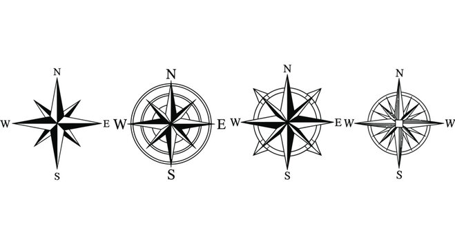 Set of four nautical compass rose vector designs featuring classic cartography elements isolated on a plain white background