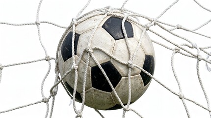 Naklejka premium Soccer ball hitting the white goal net during a match.