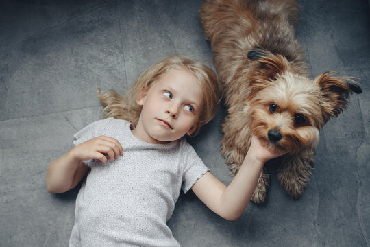 A girl and a furry, fluffy dog ​​lie on the gray floor of an apartment. View from above.