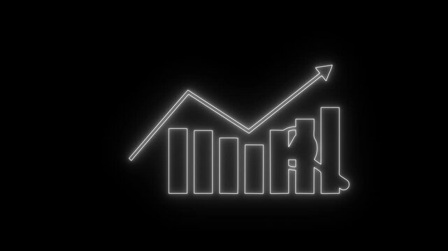 Neon growth chart with upward arrow and warning icon in magnifying glass, business risk symbol, market analysis graphic, financial caution sign, economic warning Motion graphics of concept 4k video