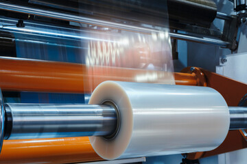 Automatic polyethylene plastic bag production machine with lighting effect. Close-up of the roller...