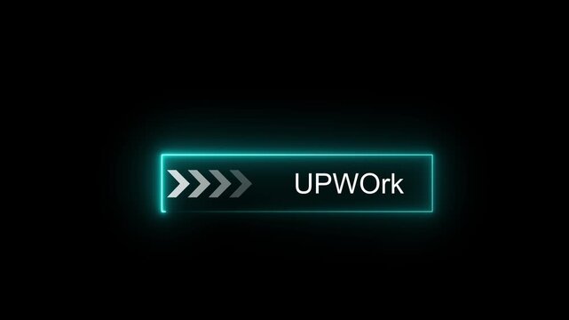 Neon button animation on black background with glowing arrows pointing right, freelance platform icon, digital interaction, glowing neon interface, interactive click effect