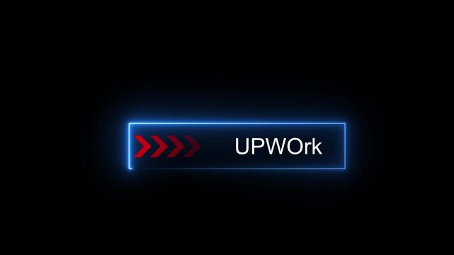 Neon button animation on black background with glowing arrows pointing right, freelance platform icon, digital interaction, glowing neon interface, interactive click effect