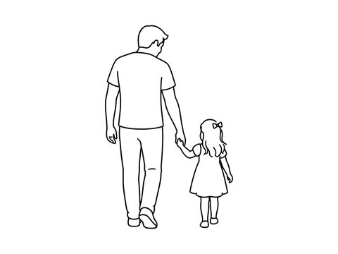 Dad and daughter line drawing for tattoo or laser engraving, black and white vector line art, happy father's day. 