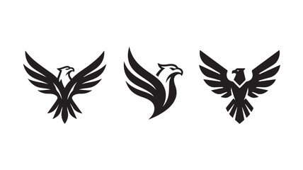 Fototapeta premium Three Black Eagle Logos Flying Spread Wings On White Background For Business Branding Concepts