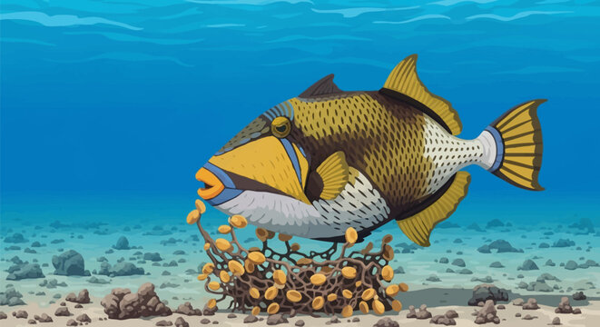 Vector illustration of a titan triggerfish Balistoides viridescens swimming above a nest on a sandy seabed with blue water background and rocky ocean floor details.