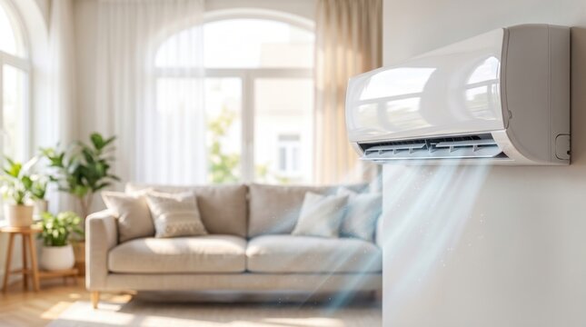 Modern wall-mounted air conditioner cooling a bright living room during a hot summer day. Home climate control, energy efficiency, indoor comfort and heat wave concept