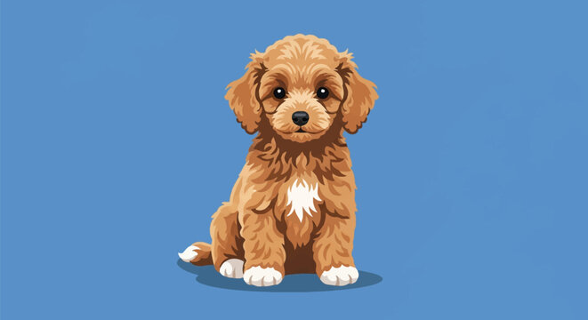 Vector illustration of a brown toy poodle puppy with white chest markings and white paws sitting against a solid blue background. Detailed curly fur texture in a flat graphic style.