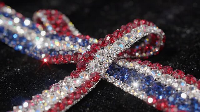 Red White Blue Crystal Ribbon Design - A detailed close-up shot of a sparkling ribbon made of red, white, and blue crystals arranged in a decorative pattern.