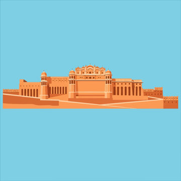 Minimalist flat vector illustration of the historic Amber Fort and Palace architecture in Amer, Jaipur, Rajasthan, India, featuring orange sandstone walls, domes, and arches on blue background.