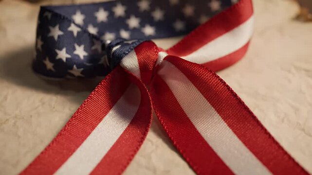 American Flag Ribbon S-Curve - A close-up shot of a silk ribbon patterned like the American flag, tied into a bow with its stripes and stars forming an S-curve across the surface.