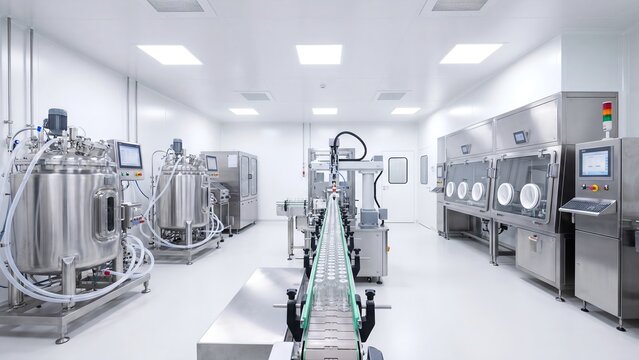Modern pharmaceutical cleanroom interior with stainless steel mixing tanks bottle filling conveyor and isolator showing sterile drug manufacturing production line and industrial laboratory technology