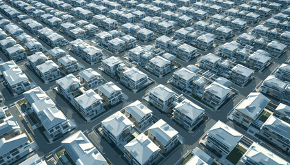 Aerial view of a sprawling, densely packed residential neighborhood with numerous identical houses and grid-like streets under a clear sky. © Naruto