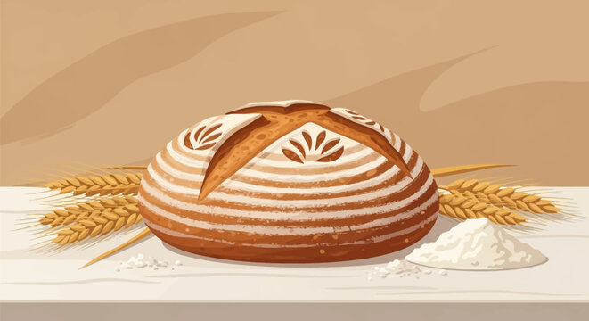 Vector illustration of a round sourdough boule bread with decorative leaf scoring, flour dusting, wheat ears, and a pile of white flour on a flat surface against a beige backdrop.