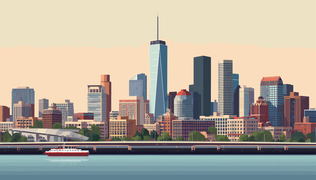 Vibrant city skyline illustration with modern skyscrapers along a calm river, featuring a small boat in the foreground under a clear, warm sky.