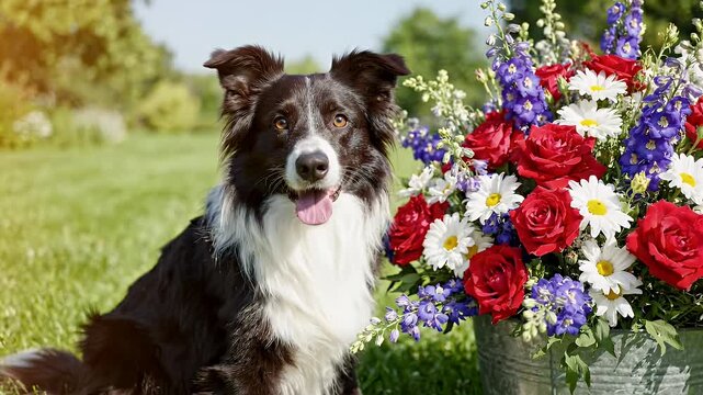 Border Collie Dog Sitting Beside Patriotic Flower Arrangement Outdoors - A happy-looking black and white border collie sits on lush green grass next to a vibrant patriotic flower arrangement of red