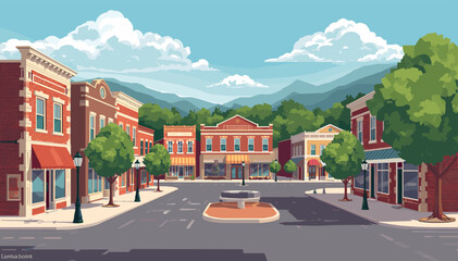 A charming cartoon-style depiction of a small town square with brick buildings, trees, a central fountain, and mountains in the background under a blue sky. © Naruto