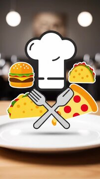 Detailed Close Up Of Two Dimensional Flat Style Animation Of Colorful Food Icons Appearing On A Plate In Simple Looping Graphic