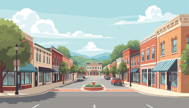 A charming cartoon illustration of a vibrant small town main street with shops, cars, a fountain, and mountains in the background.