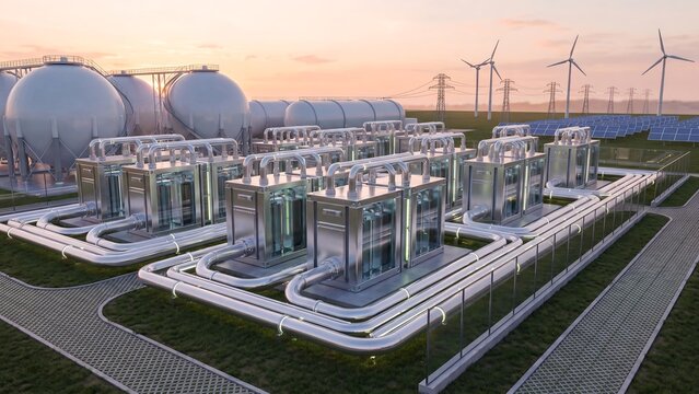 Modern hydrogen energy storage facility with fuel cells pipes wind turbines and solar panels at sunset showing renewable green power generation and sustainable clean technology infrastructure