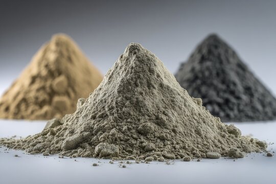 Three piles of fine powder, differing colors, soft focus