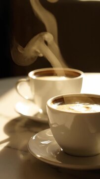 Premium Shot Of Two Steaming Cups Of Coffee On A Marble Table With Soft Shadows And Warm Sunlight Streaming In Elegant Morning Beverage