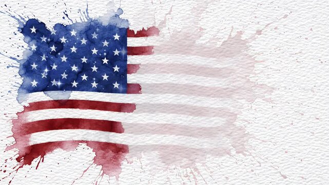 Patriotic Watercolor American Flag Splash on White Background - An artistic rendition of the American flag video in a soft watercolor style with a dynamic splash effect and subtle stars against a