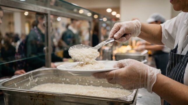 Close-up of a cafeteria worker in gloves serving hot rice porridge onto a plate. Blurred school canteen line in the background