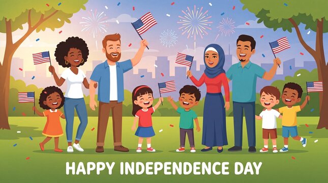 Multicultural Family Celebrating Independence Day with American Flags and Fireworks