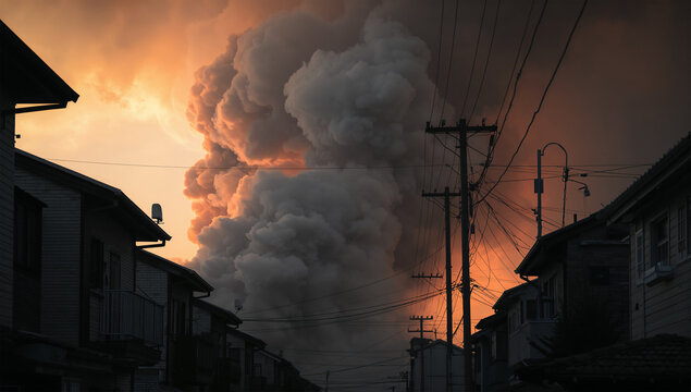 住宅の屋根越しに濃い煙が広がる夕暮れの火災風景