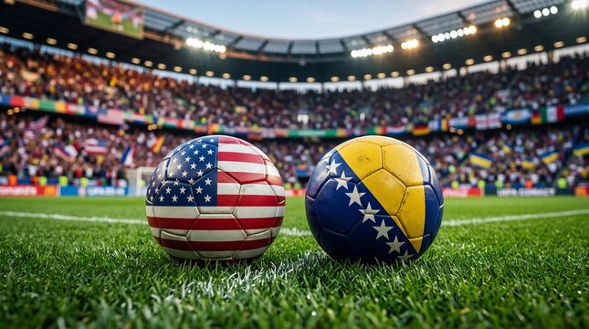 United States and Bosnia and Herzegovina National Flags on Soccer Balls on Stadium Field, International Football Match Concept