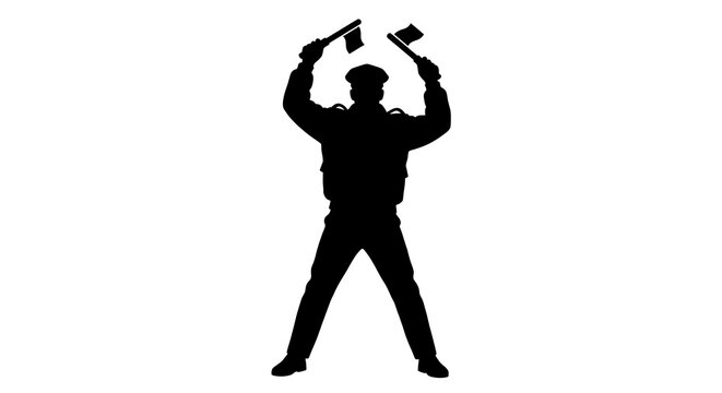 Airport marshaller signaling with flags silhouette