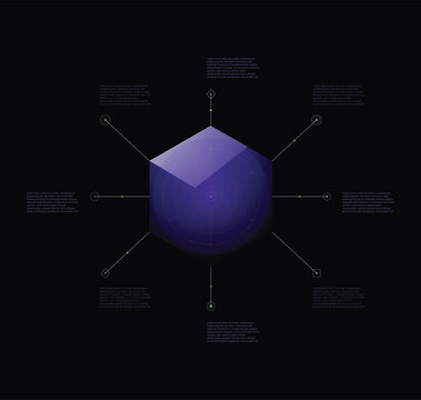 Hexagon Eight Points Infographic Blockchain Data Visualization. Technology 3D Cube Dark Background Business Intelligence Presentation Template. Modern Corporate Graphic Web App UI Design Creative 