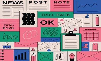 Obraz premium Collage of Assorted Paper Notes and Office Supplies in Vibrant Colors Featuring Design, Creative, Illustration with Vector