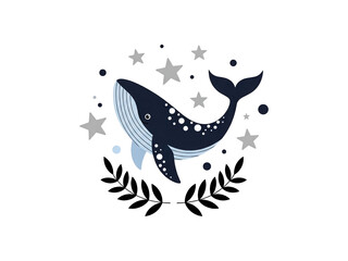 Fototapeta premium Whale swimming among stars and bubbles, a cute cartoon whale with a celestial theme for kids