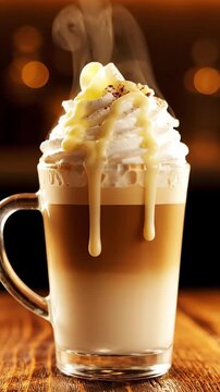Cinematic View Of White Chocolate Mocha In A Ceramic Cup With Sweet Creamy Foam And White Chocolate Drizzle Indulgent Coffee Drink