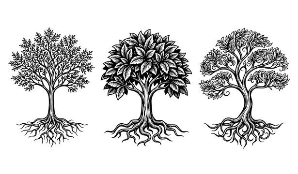 Artistic Tree Root Vector Set in Black and White Symbolizing Growth and Life