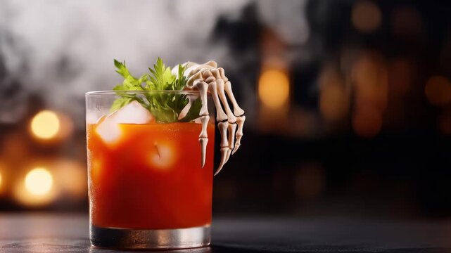 Spooky halloween cocktail with skeleton hand garnish in festive atmosphere