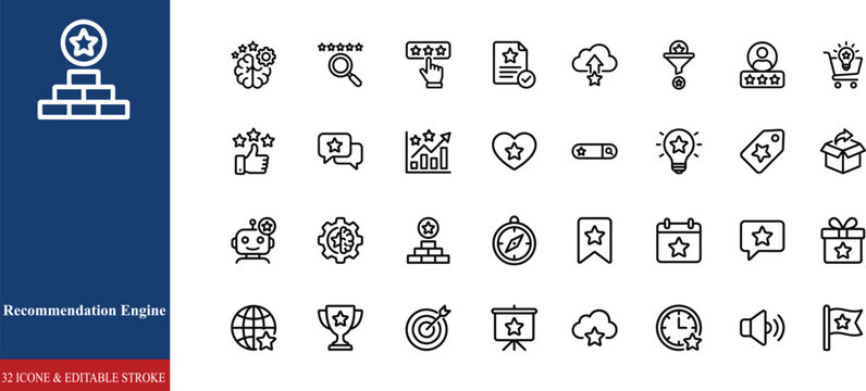 Recommendation Engine Monoline Icon Set. AI Recommendation System, Machine Learning, Personalized Content, Smart Suggestions, and Data Analytics Thick Line Vector Icons on transparent background