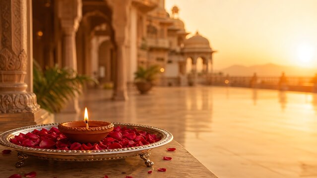 Burning clay diya on a polished silver tray covered with red rose petals, conveying a minimalist spiritual composition for wealth management and Diwali prosperity blessings