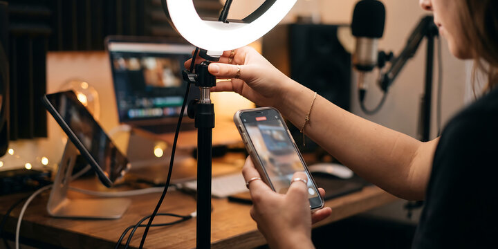 Young female creator adjusts ring light while holding smartphone, setting up for online video content creation.