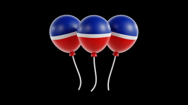 Three striped red, white, and blue balloons gently floating with swaying strings in a glossy 3D cartoon style, isolated on a transparent background. Patriotic holiday promotions, Celebration, Events.