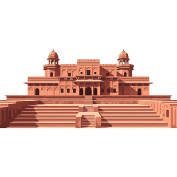 Vector illustration of Chand Baori stepwell architecture in Abhaneri, India, featuring symmetrical red sandstone stairs, arched windows, and traditional dome chhatris on white background.