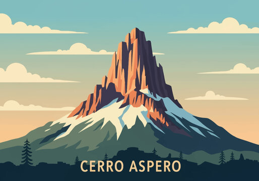 Stylized vector illustration of Cerro Aspero mountain peak featuring jagged rock formations, snow-capped slopes, and pine tree silhouettes under a sky with flat clouds and text.