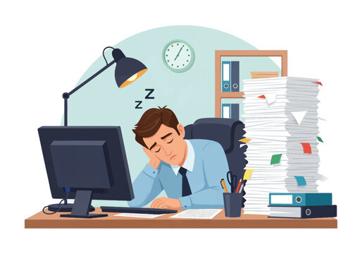 Flat vector illustration of an exhausted businessman sleeping at an office desk beside a tall stack of documents, computer, and lamp, depicting burnout and high workload stress.