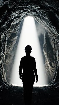Cinematic View Of Worker Silhouette Walking Through A Dimly Lit Tunnel With Beams Of Light Illuminating Rocky Walls Atmospheric Exploration