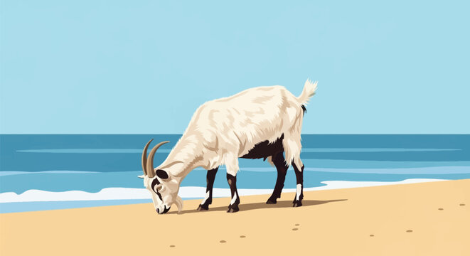 Flat vector illustration of a long-haired white goat with black markings foraging on a sandy beach next to blue ocean waves under a clear sky during daytime.