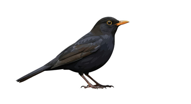 Detailed vector illustration of a male common blackbird (Turdus merula) with black feathers, yellow eye-ring, and orange beak, isolated on a white background, side profile.